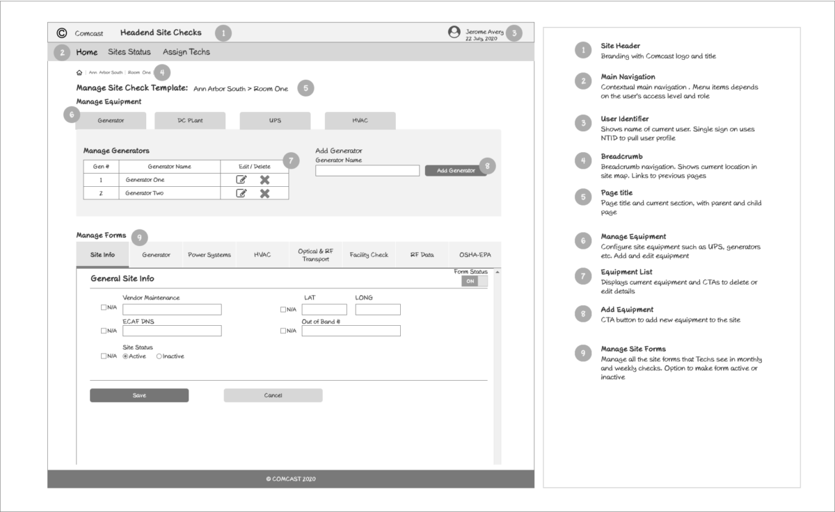 Headend Site: Admin Room Configuration, annotated wireframe